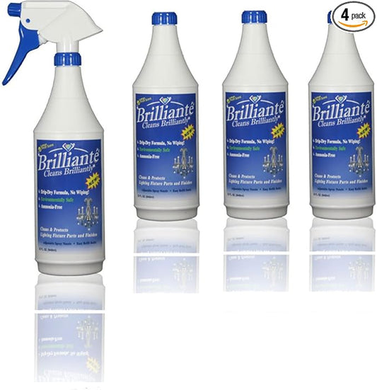 Brilliante Crystal Chandelier Cleaner - Manual Sprayer 32oz Environmentally Safe, Ammonia-free, Drip-dry Formula, Made in USA (4 Pack)