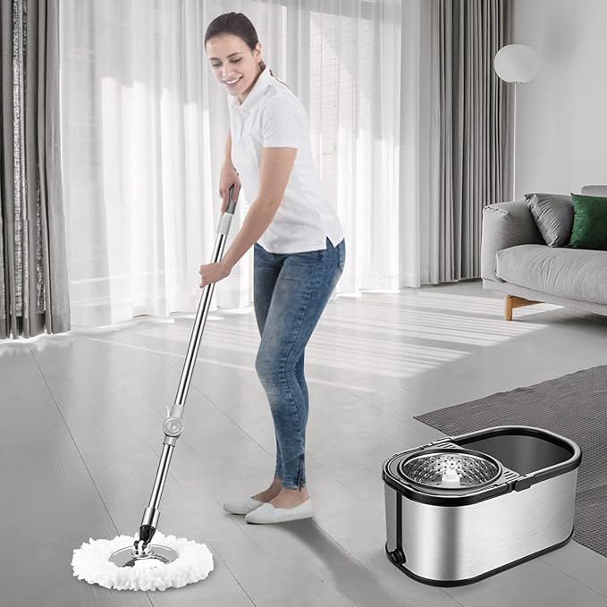 Spin Mop Bucket System Stainless Steel Bucket and Mop Set with 6 Microfiber Replacement Head Refills, Floor Mop with 4 Wheel