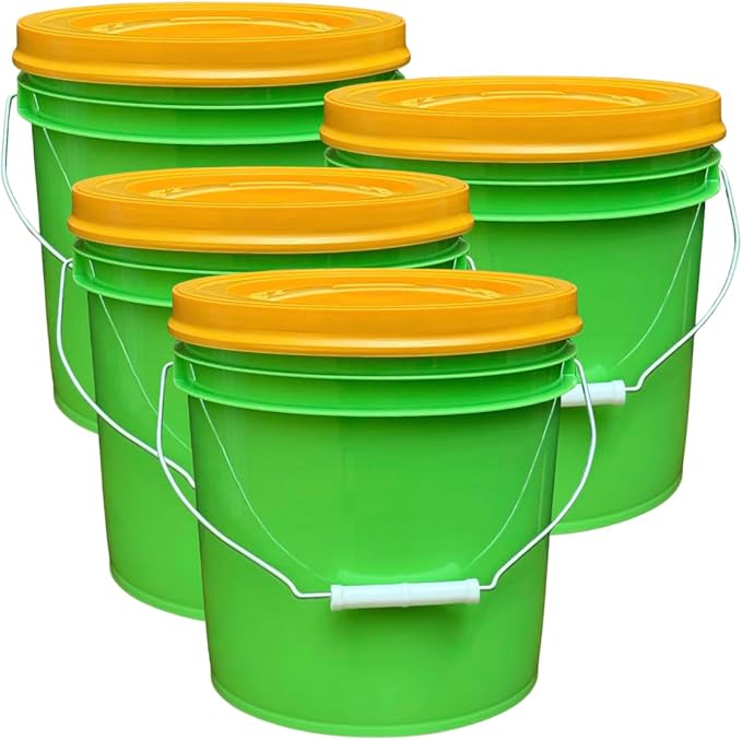 House Naturals 2 Gallon Food Grade - BPA Free Made in USA Buckets Lime Color pails with Screw On Gasket Lids (4, Lime - Orange lids)