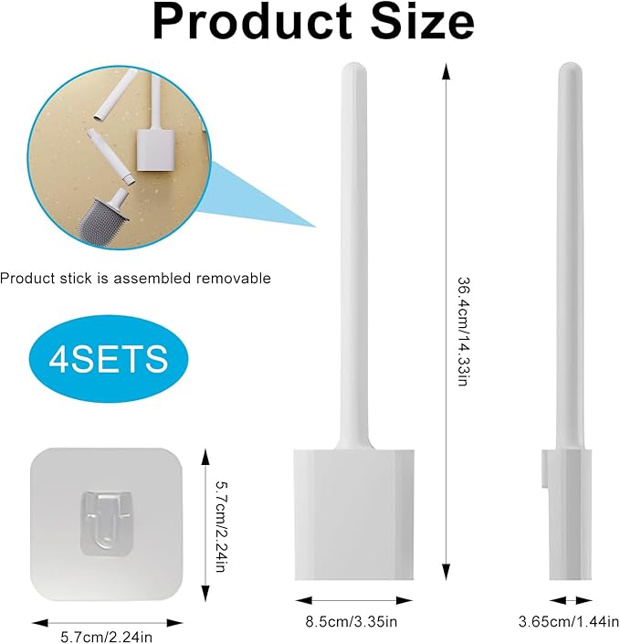 Toilet Bowl Brush and Holder Set, Flexible Silicone Bristles with Detachable Handle, Compact RV and Bathroom Toilet Brush (4 White)