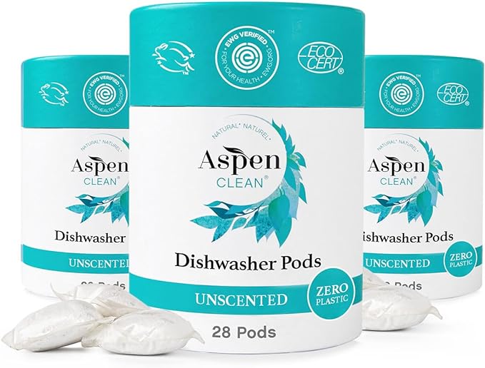 Unscented Dishwasher Pods by AspenClean, Dye-Free, Zero Plastic, Vegan, Eco-Friendly, Natural Dishwasher Detergent, EWG Verified™ - 28 Count (3 Pack)