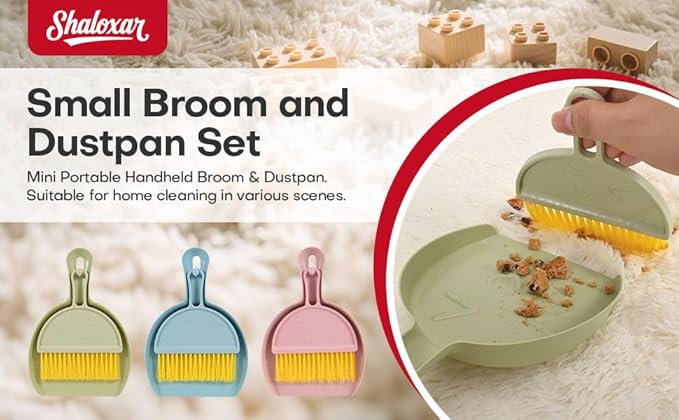 Shaloxar Small Broom and Dustpan Set,mini Compact Portable, for Home, Sofas, Kitchen countertops, Storage Shelves, Office desks, bathrooms, and pet Areas (Blue)