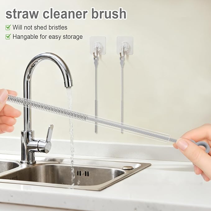 TenderBloom Silicone Straw Cleaner Brush, 4-Piece Reusable Straw Brush Set with Extra-Long Design for Cleaning Thin Metal Straws and Wider Milkshake Straws （6mm+9mm Gray)