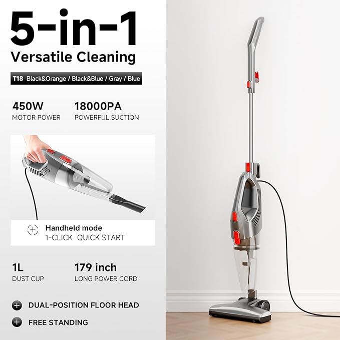 fenhua Corded Stick Vacuum Cleaner - Lightweight, Powerful Suction with 450W Motor, 3-in-1 16.4Ft Cord Vacuum Cleaners for Home, Hard Floor, Carpet, Pet Hair Black Gray