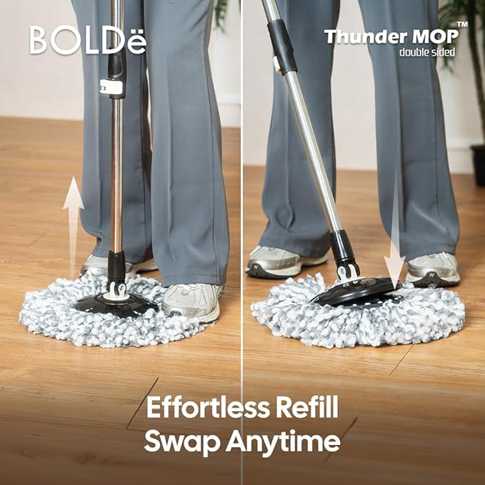 BOLDë Thunder Mop Spin System - Double-Sided - 2 Compact Stackable 6L Buckets, Microfiber Head, Stainless Steel Wringer, Antifungal Quick-Dry Cleaning, Soap Dispenser, 3 Free Refills (Black/Grey)