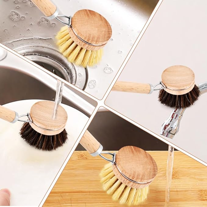 Bamboo Dish Brush with Handle - 3 Replacement Heads, Soft Bristles Kitchen Brush, Bamboo Dish Scrubber for Dishes Vegetable, Pots and Pans, Kitchen Utensils(Color:Wood)