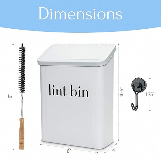 Magnetic Lint Bin for Laundry Room Organization and Storage, Includes Magnetic Hook & Lint Brush, Wall-Mounted Laundry Dryer Bin for Laundry Room Decor, Space-Saving Trash Can (Matte White)