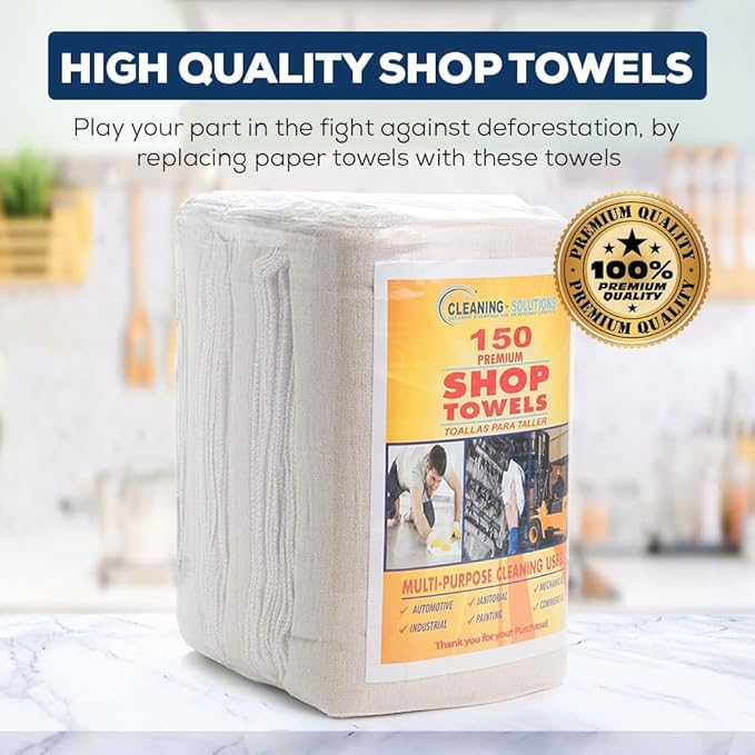 SIMPLI-MAGIC Cotton Shop Towels 14"x12" (150 Pack) – Reusable Cleaning Shop Rags for Automobiles, Industries, Garage and Homes (White)