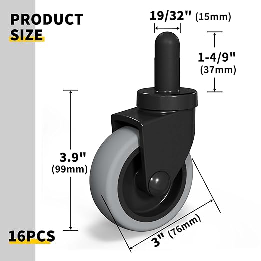 AAGUT Mop Bucket Casters Replacement 3" Set of 16 Swivel Bayonet Caster Non-Marking Thermoplastic Rubber Wheels Compatible with Rubbermaid Models& Wavebrake