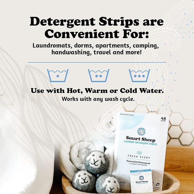 Smart Sheep - Laundry Strips - 144 Loads 3 PACK - Laundry Detergent Strips - Detergent Strips for Sensitive Skin -Convenient Eco Friendly & Plastic Free -Perfect for Home Travel & Camping -Fresh Scent
