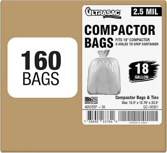 Ultrasac 18 Gallon Compactor Bags (160 Pack with Ties) For 18 Inch Compactors - 28.25" x 33.5" Heavy Duty 2.5 MIL Garbage Disposal Bags Compatible with Whirlpool
