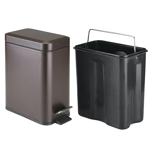 mDesign Metal Freestanding Slim Toilet Bowl Brush and Holder + Rectangle Narrow 5 Liter / 1.3 Gallon Step Pedal Trash Can Wastebasket for Bathroom - Small, Compact Design - Set of 2 - Bronze