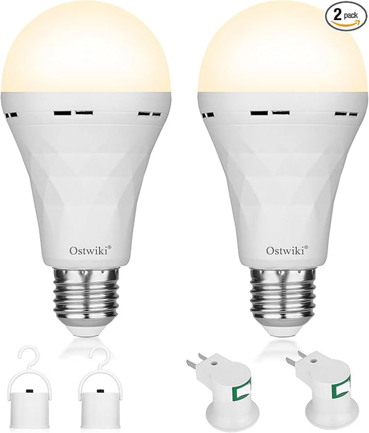 2 Pack Rechargeable Emergency Light Bulbs,Battery Operated Light Bulb for Power Outage Hurricane Camping 9W E27 3000K Warm 1200mAh Battery Backup Soft Light Bulbs for Lamps,Battery Led Bulb