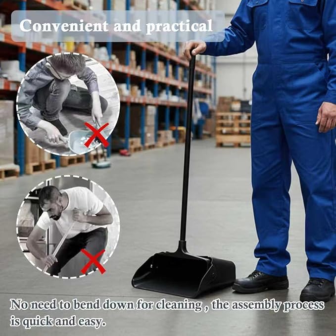 Primero Basics 3-Pack Commercial Upright Dust Pan with Long Handle and Wheels – Heavy Duty Large Dust Pans for Indoor/Outdoor Use, Janitorial or House Cleaning Tools, Black Standing Dustpan