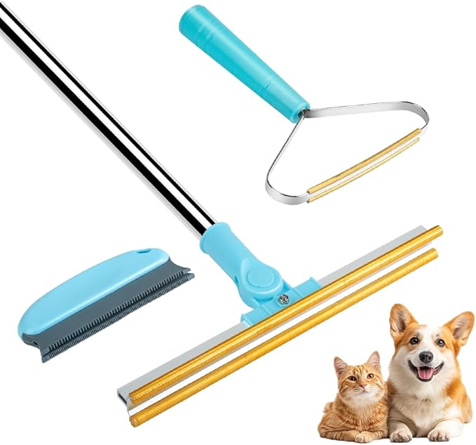 Bolfie 3 in 1 Carpet Rake for Pet Hair Removal, Tool Set of 3, 55” Long Handle Carpet Pet Hair Removal Carpet Scraper Dog Cat Hair Remover for Sofa, Couch, Car, Rug