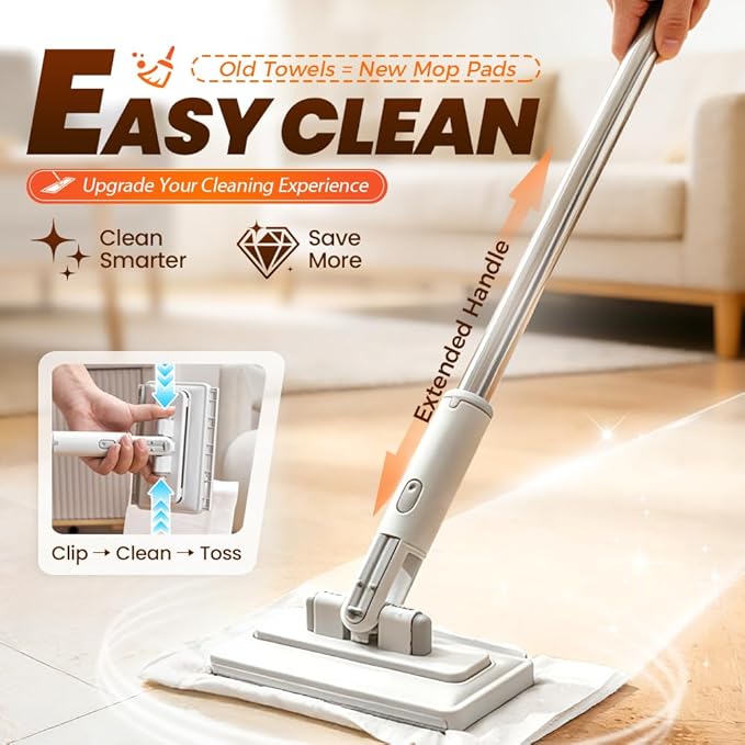 Snap Grip Mini Mop,Mini Sweeper Mop No-Touch Dirty Cleaning Flat Dust Mop for Dry Wet Disposable Pads,Corners Wall Multi Surface Cleaning (White 6.3x31 inch)