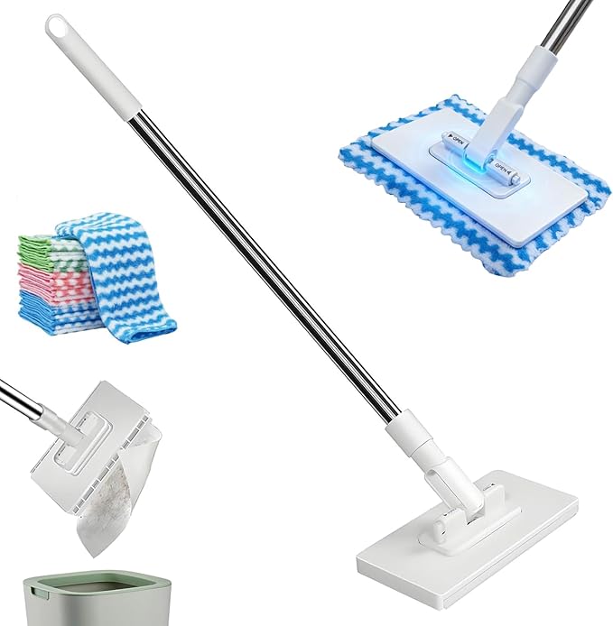 Snap Grip Mini Mop,Gap Cleaner with No-Touch Pad Change, Extendable Retractable Flat Mop for Under Couch/Bed, 360° Swivel Head Hard to Reach Corner Duster, Includes 5 Washable Microfiber Pads