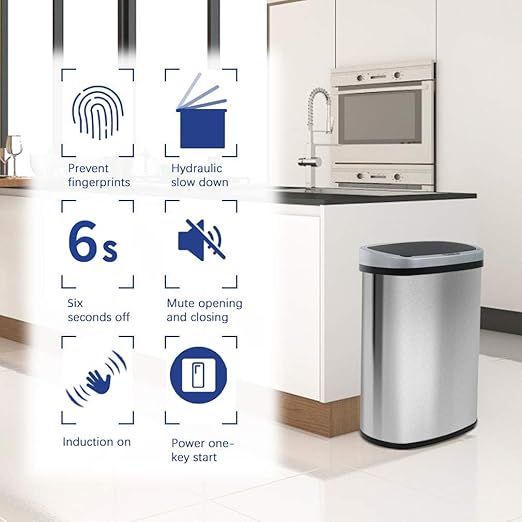 Kitchen Trash Can with Lid, 13 Gallon Automatic Garbage Can for Bathroom Bedroom Home Office 50 Liter Touch Free High-Capacity Brushed Stainless Steel Waste Bin