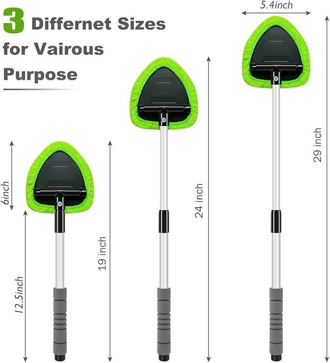 XINDELL Windshield Cleaning Combo – 29" Large-Head Window Cleaner Tool with Extendable Handle & 4 Microfiber Pads + 5-Pack Replacement Triangular Covers for Interior/Exterior Auto Glass, Streak-Free C