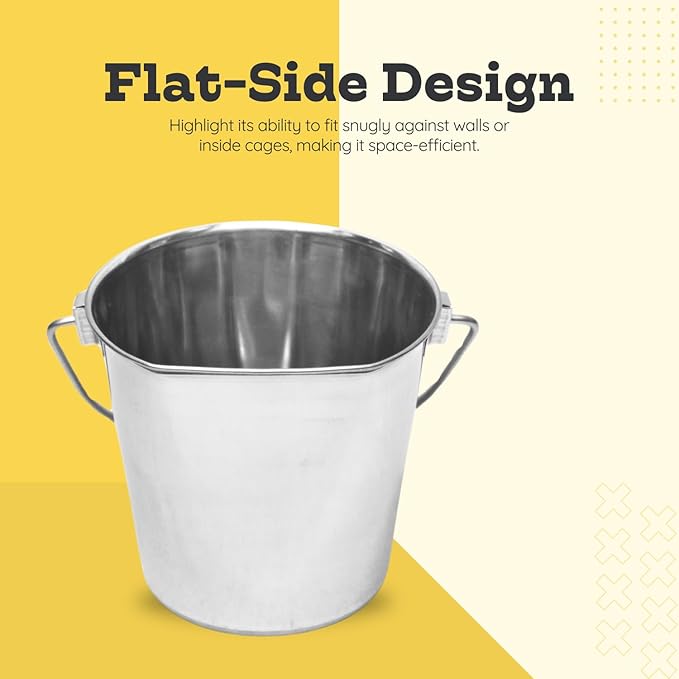 9 Quart Stainless Steel Flat Side Bucket | Durable Heavy Duty Food & Water Feeding Pails for Dog Goat Sheep horse | Fits kennels Cage Critter Crates Hanging Pet Pail | Multipurpose Bucket