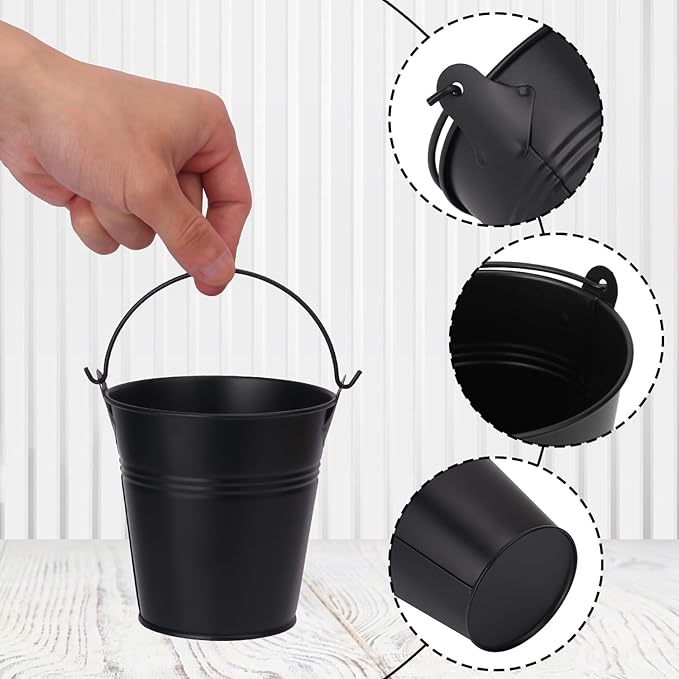 20 Pack Black Mini Metal Buckets, 4 Inch Round, Black Galvanized Buckets with Metal Handles, Perfect for Party Favors, Crafts, Garden & Beach