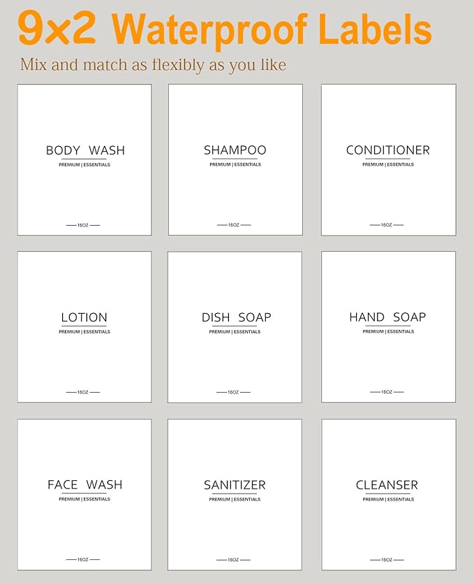 Frosted Plastic Shampoo and Conditioner Bottles, Apothecary Dispenser Bamboo Pump, Refillable Bottles for Shower Lotion, Oil, Hand Soap, Sanitizer, Liquid Soap, Set of 3 with 9 Labels (6, Matte Clear)