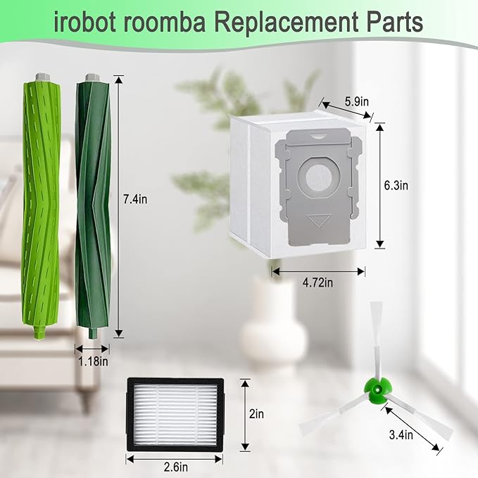 CauYien 26 Pack Replacement Parts accessories for iRobot Roomba i3 i3+ i4 i6 i6+ i7 i7+ E5 E6 E7 j7 I & E j Series Vacuum Cleaner,2 Set Rubber Brushes,8 Vacuum Filters,8 Side Brushes,8 Vacuum Bags