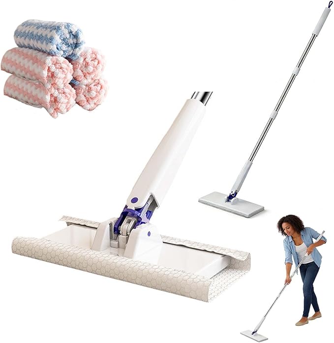 Snap Grip Mini Mop with 5 Reusable Cloths, No Wash Zero Touch Disposable Lazy Mop, Retractable Gap Dust Cleaner Flat Mops with Locking Head, Dry Wet Pads for Floor Hardwood Kitchen Wall (83×16×8cm)
