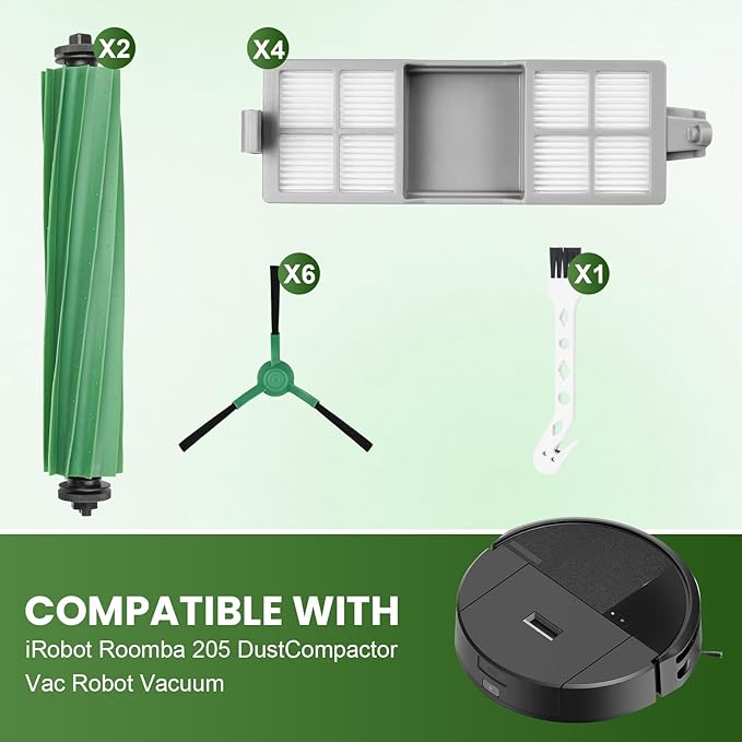 KTNAid 13 Pcs Replacement Parts Compatible with iRobot Roomba 205 DustCompactor Vac Robot Vacuum, Accessories Kit include 2 Main Brushes, 4 Filters, 6 Side Brushes, 1 Cleaning Tool