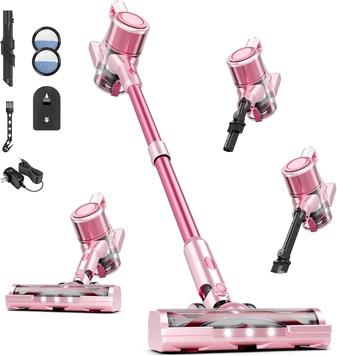 Vaconly Cordless Vacuum Cleaner, 8 in 1 40Kpa 55Mins,Lightweight Vacuum Cleaners for Home, Stick Vacuum with Anti-Tangle Brush,Wall Mount, Rechargeable Cordless Vacuum for Floor/Sofa/Pet Hair,Pink
