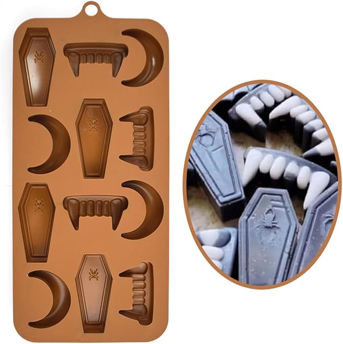 mostsom Halloween Chocolate Candy Silicone Mold Vampire Teeth RIP Gravestone Moon Shape Gummy Fondant Baking Mold for DIY Cupcake Topper Decorating (D_ 8.92x4.04x0.56 inch)