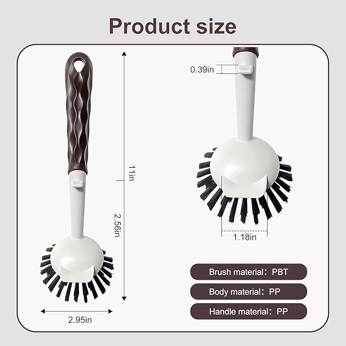 DMBMHMBDF Dish Brush, 2 Pack with Comfortable Handle, with Built-in Scraper, Scrub Brush with Stiff Bristles for Cleaning Dishes, Sink, Pots (Brown)