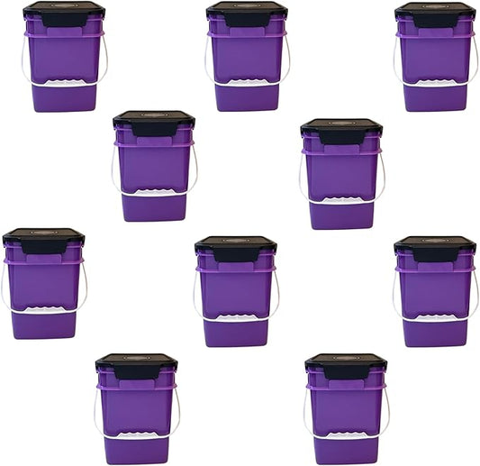 House Naturals 4 Gallon Square Buckets with lids- Made in USA Container- Pack of 10 (Purple - Black lids)
