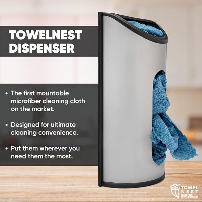 TowelNest Microfiber Cloth Dispenser | 15 Reusable Cloths (Slate Blue) | Eco-Friendly Paper Towel Alternative | Absorbent & Washable | Wall/Cabinet Mount (3M Adhesive & Screws Included)