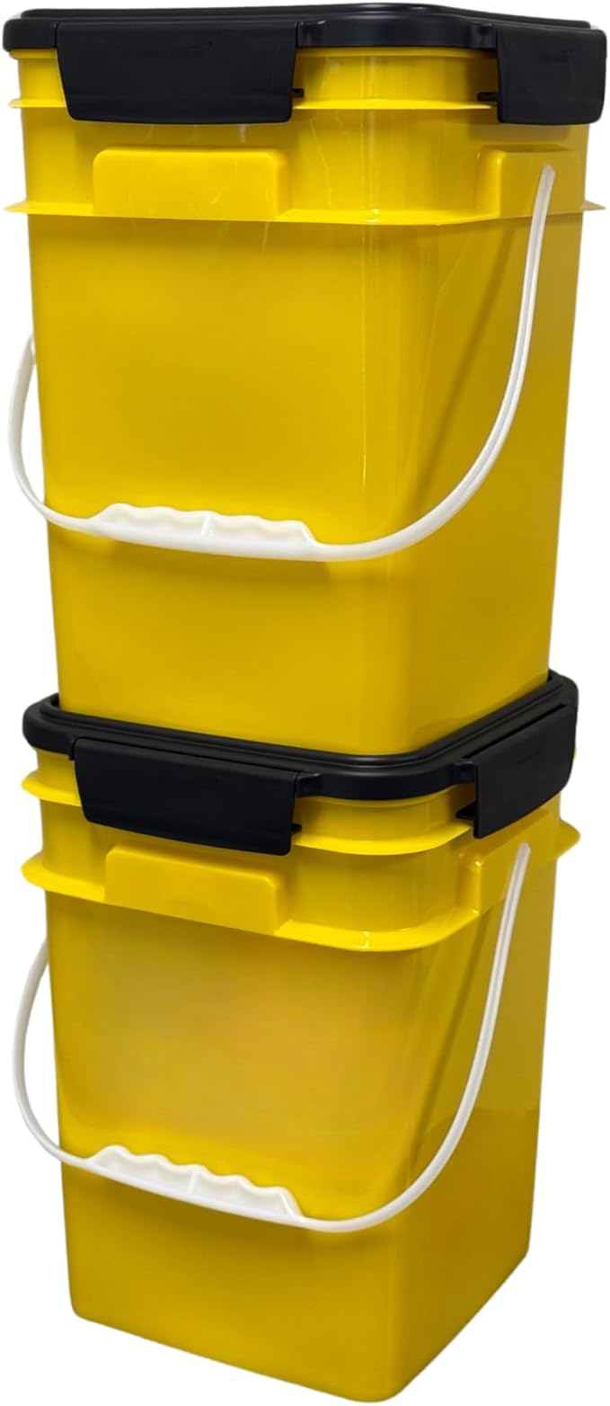 House Naturals 4 Gallon Square Food Grade Plastic Bucket with Lid, Made in USA (Pack of 2) BPA Free (Yellow)