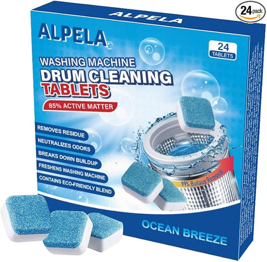 ALPELA Washing Machine Cleaner Descaler | Deep Cleaning Tablets For HE Front & Top Load Washer, Septic Safe Eco-Friendly Deodorizer, Clean Inside Drum and Laundry Tub Seal (Ocean Breeze - 24 Count)