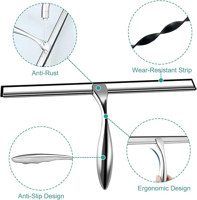 steauty Shower Squeegee for Glass Doors,14-Inch Shower Glass Squeegee, Sliver Shower Squeegee for Shower Doors,Mirror,Windows, with Shower Door Hook and Adhesive Hook