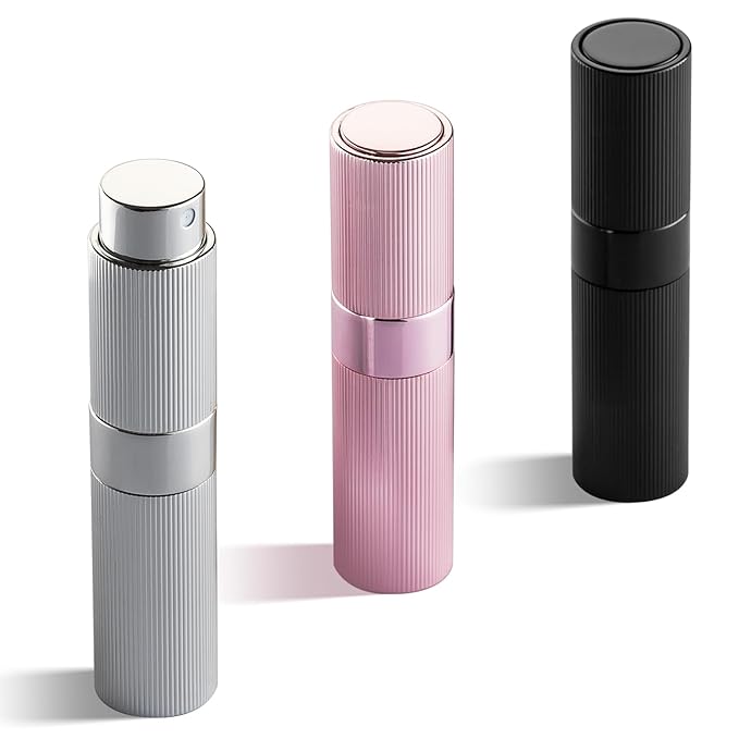 LISAPACK Perfume Travel Refillable Bottle - Atomizer Cologne Spray for Men Portable - Mini Sprayer Empty for Refill - Small Size 8ML Striped (Black, Silver, Pink)