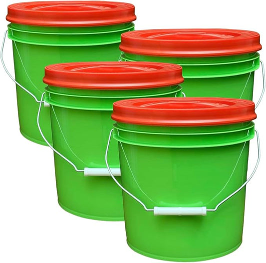 House Naturals 2 Gallon Food Grade - BPA Free Made in USA Buckets Lime Color pails with Screw On Gasket Lids (4, Lime - Red lids)