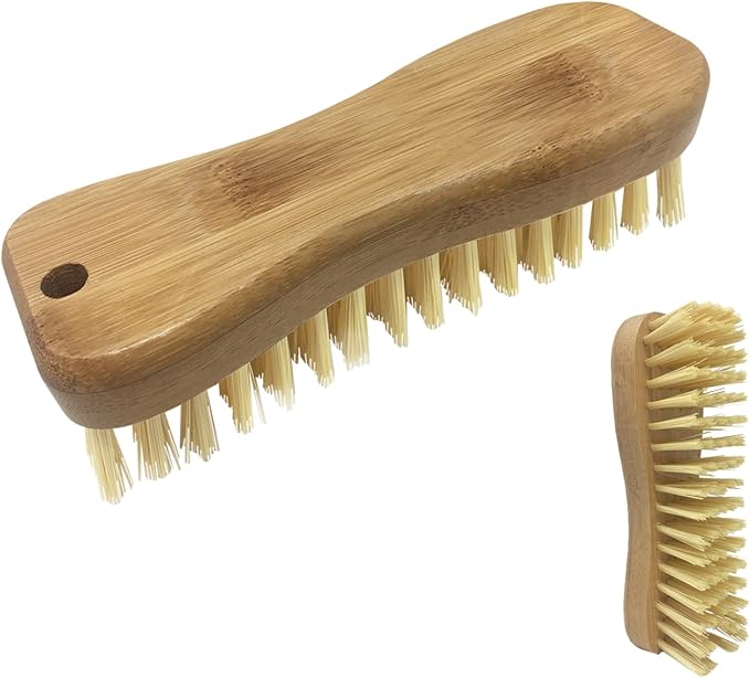 LOLA Bamboo Scrub Brush for Cleaning, Ergonomic Sustainable Durable Poly Bristles Made from Recycled Soda/Water Bottles Easy Hang Hole 1 Pack