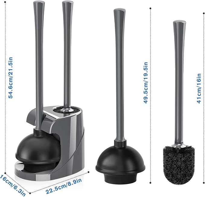 Toilet Plunger and Brush, Bowl Brush and Heavy Duty Toilet Plunger Set with Ventilated Holder, 2-in-1 Bathroom Cleaning Combo with Modern Caddy Stand for 5.7-inch Toilet Drain(Grey, 2 Set)