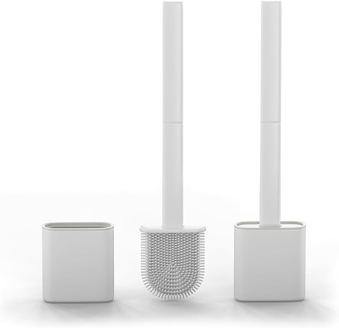 Silicone Toilet Brushes & Holders – Pack of 2 Long Non-Slip Handle, Flexible Bristles for Easy Cleaning – Modern Drip-Free Base, Durable White Bathroom Toilet Brush Set with Holder