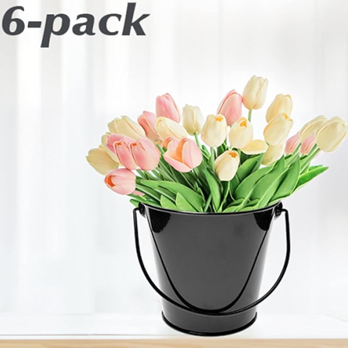 Metal Buckets with Handle - 6 Pack 4.3 Inch Small Iron Pail, Easter Bucket,Pencil Holder and Flower Pots,Craft Supply Holders for Events,School Storage and Party. (Black, 4.3" Top)