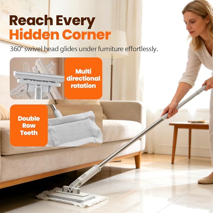 Snap Grip Mini Mop,Mini Sweeper Mop No-Touch Dirty Cleaning Flat Dust Mop for Dry Wet Disposable Pads,Corners Wall Multi Surface Cleaning (White 10.2x48.4 inch)
