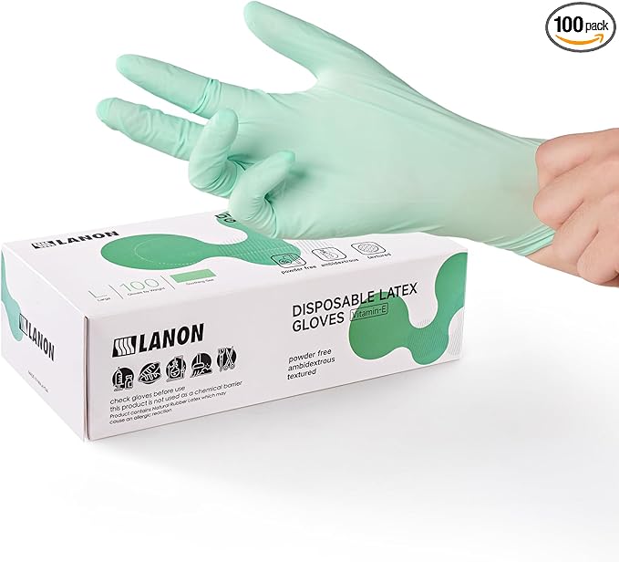 LANON 5 mil Vitamin-E Coated Latex Disposable Gloves, Food-Contact Grade, Fully Textured, Green, Large