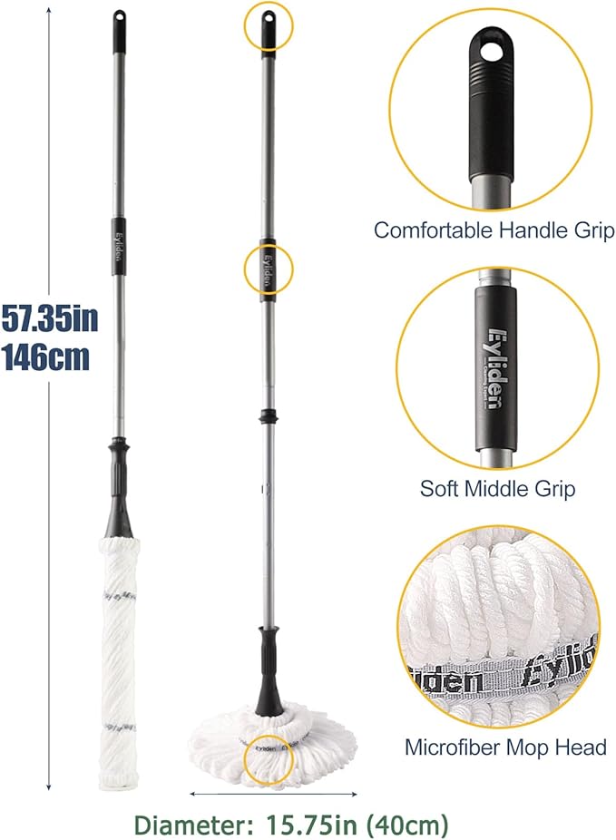 Eyliden Mop with 2 Reusable Heads, Easy Wringing Twist Mop, with 57.5 inch Long Handle, Wet Mops for Floor Cleaning, Commercial Household Clean Hardwood, Vinyl, Tile, and More