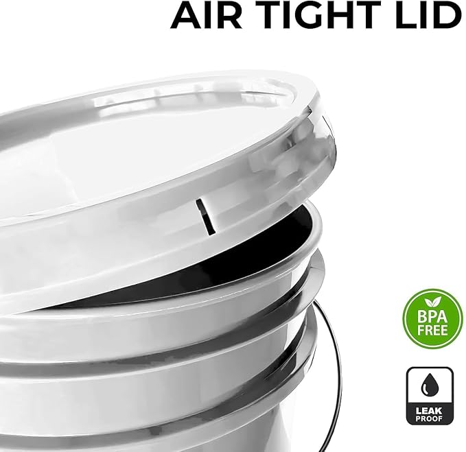 5-Gallon White Bucket Pail Container with Lid | Heavy-Duty Extra Durable | Metal Handles with Plastic Grip for Easy Carrying | Multi-Use | Easy Stack and Store | BPA Free - 5 Pack