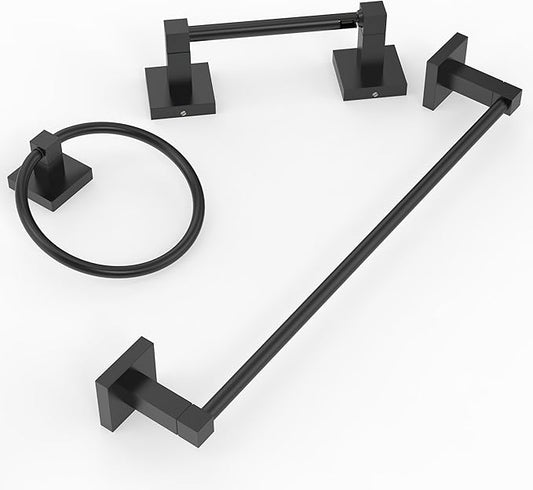 RUACQ 3 Pieces Bathroom Hardware Set, SUS 304 Stainless Steel Toilet Paper Holder, Towel Ring, 18-inch Towel Bar Set, Wall Mounted, Heavy Duty (Matte Black)