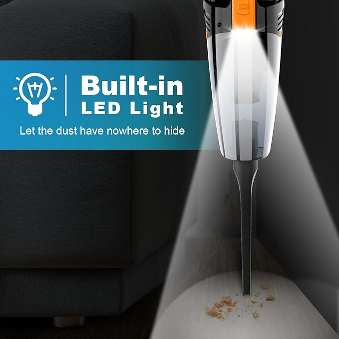 Car Vacuum Portable with LED Light, High Power Suction, Lightweight Rechargeable Hand Vacuum, Hand Held Vacuum Cleaner for Car Home Office, Pet Hair, Orange