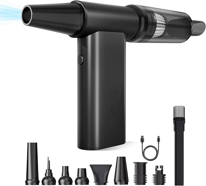 Electric Air Duster-130000 RPM Brushless Motor, 2-in-1 Blow & Vacuum, 4000mAh Rechargeable, 3 Gear Adjustable Compressed Air Duster for Computer, Keyboard, House and Car, 11pcs Accessories
